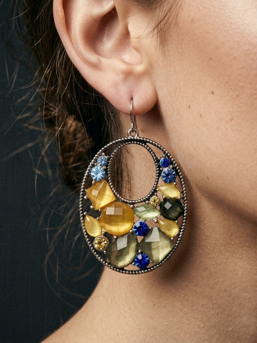 Vintage Boho Silver Plated Chandelier Earrings Amber Blue Cat Eye Stones 2.5”